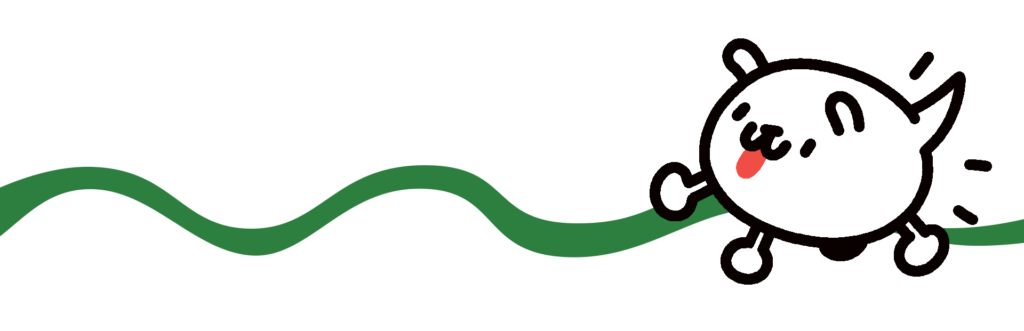 A cartoon dog that looks like a speech balloon walks along a green squiggle.