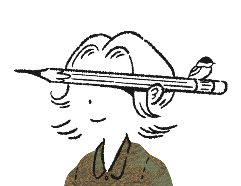 Bio illustration of Doyung Lee. Simple, fuzzy black lines delineate the author's shoulder-length hair and ear; their eyes are hidden by a pencil tucked behind their ear. A bird pirches on one end of the pencil. They are wearing a collared shirt with digital texture.