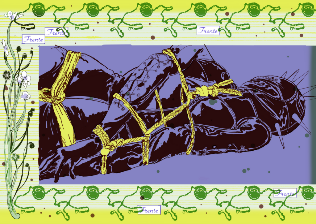 Illustration by Elle Shivers. Wide horizontal format. A central figure in leather is bound and facing away from the viewer. They are rendered in stark black ink on purple; their ropes are bold green-yellow. The purple image is framed by a green-and-yellow border with green silhouettes and flowers, as well as the repeating text "Frente."