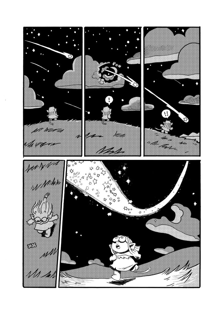 Wordless comic page by Hanni Brosh. Black and white with gray tones. PANEL 1 A small goblin watches a shooting star. They face away from the viewer. PANEL 2 The goblin is surprised when the shooting star punches its way through a cloud. SFX: pow Goblin: ! PANEL 3 The shooting star continues to descend. Goblin: !! PANEL 4 The goblin races down a hill. PANEL 5 They look up, following a bright starry trail in the sky.