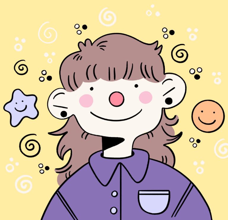 Portrait illustration of Katie Hicks. A friendly character with round red nose, long light brown hair with bangs, and a purple collared shirt surrounded by doodles and swirls.