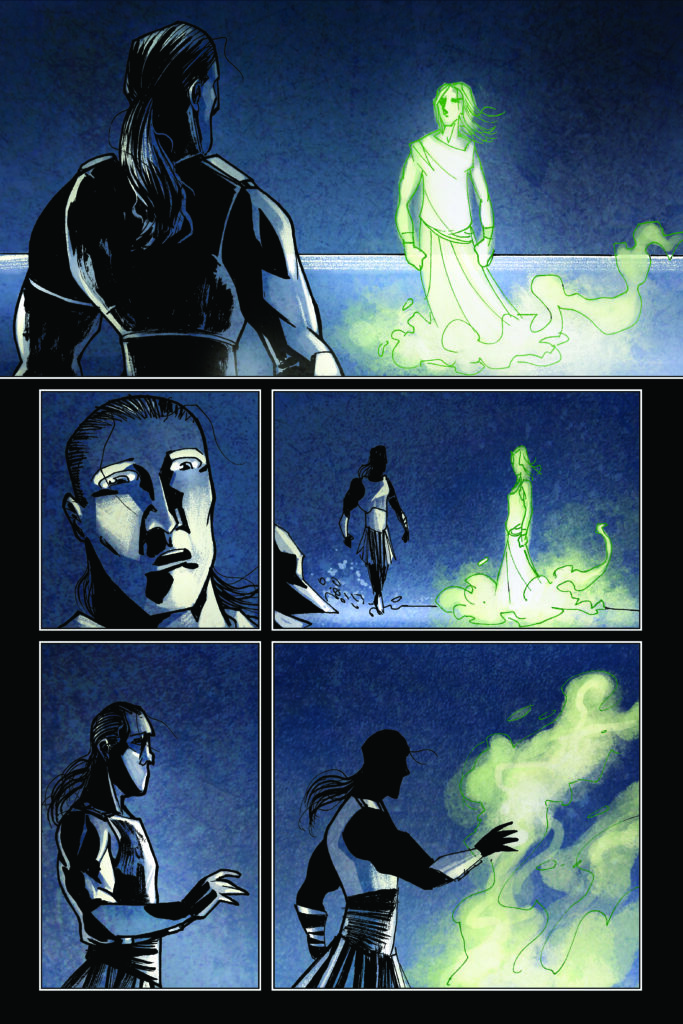 A wordless comic page by Mario Tofano and Renzo Podestá. PANEL 1 Back view of a masculine character with a long ponytail as they stand before a glowing ghost in robes. PANEL 2 We see their astonished face. PANEL 3 They approach the ghost. PANEL 4 They hold out a hand... PANEL 5 And try to touch the ghost, which is dissipating into glowing smoke.