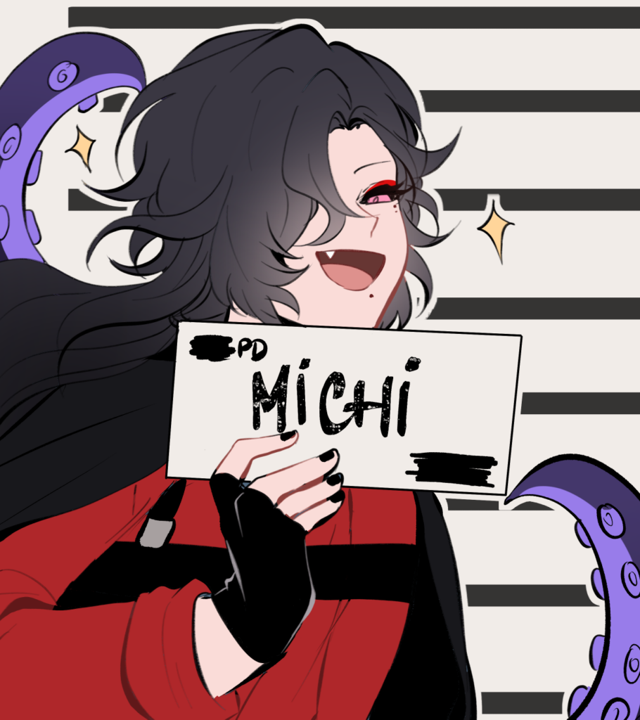 Bio Illustration by Michi69. A vampiric character with wavy dark hair and a pointy-toothed smile holds up a sheet of paper saying MICHI against a black-and-white-striped background. Two purple tentacles curl in from the sides of the image.