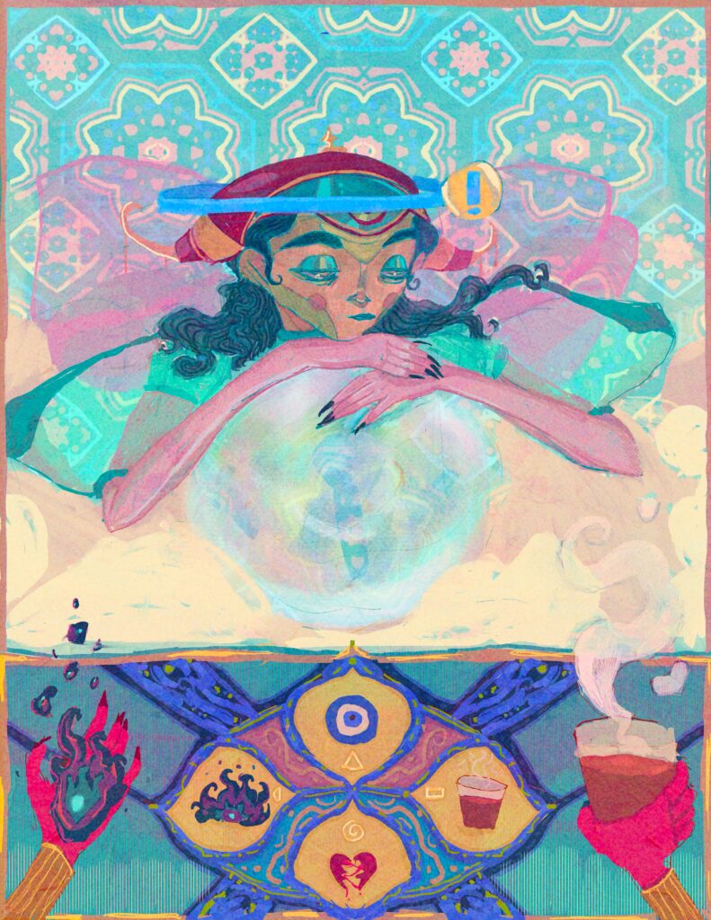 Colorful comic page by Nahla Hambazaza. PANEL 1 A character with wavy blue hair and elegant headdress rests their arms on a translucent blue sphere. They're surrounded by creamy clouds and decorative floral motifs. PANEL 2 There are two left hands on either side of the panel. The hand on the left holds a dark flame. The hand on the right holds a warm drink. The hands frame a shape broken into four segments. Each segment contains a symbol. Left: flame Top: eye Right: warm drink Bottom: broken heart