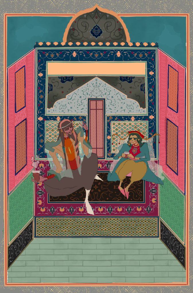 A cutout-style illustration by Nahla Hambazaza. Two characters sit on a rug holding brown drinks in glasses. They seem to be having a conversation.