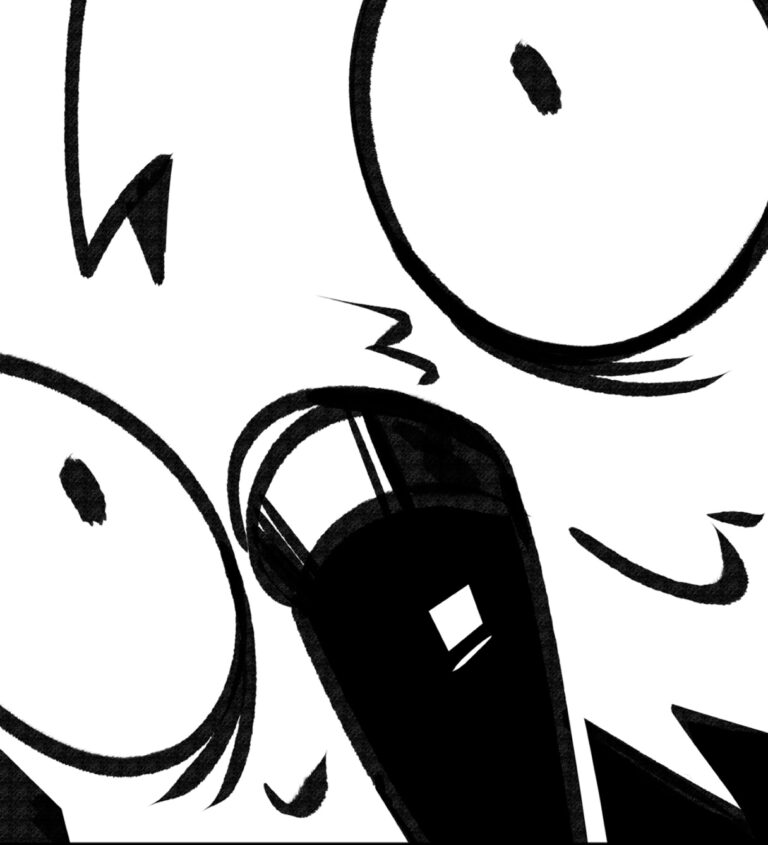 Bio illustration of Naluxk. Black-and-white closeup of a bird-like character screaming at the viewer.