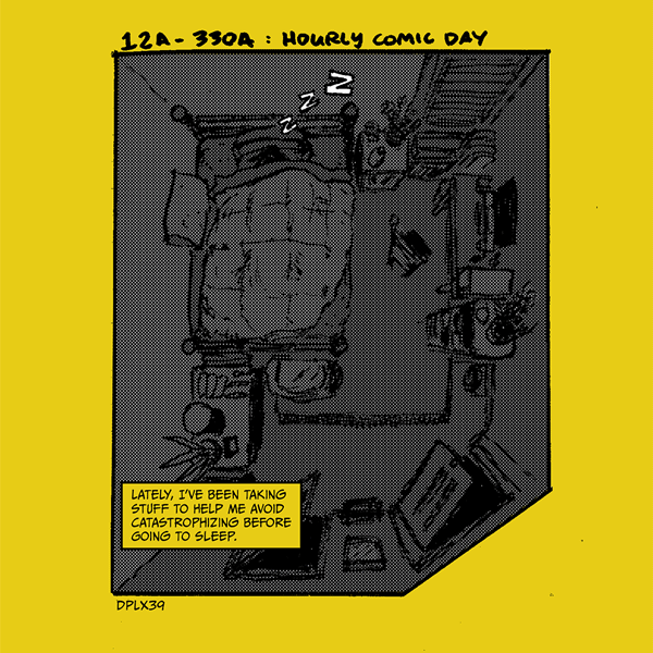 A gif cycling between Hourly Comic Day panels by Narciso Espiritu. Gray and black on yellow background.