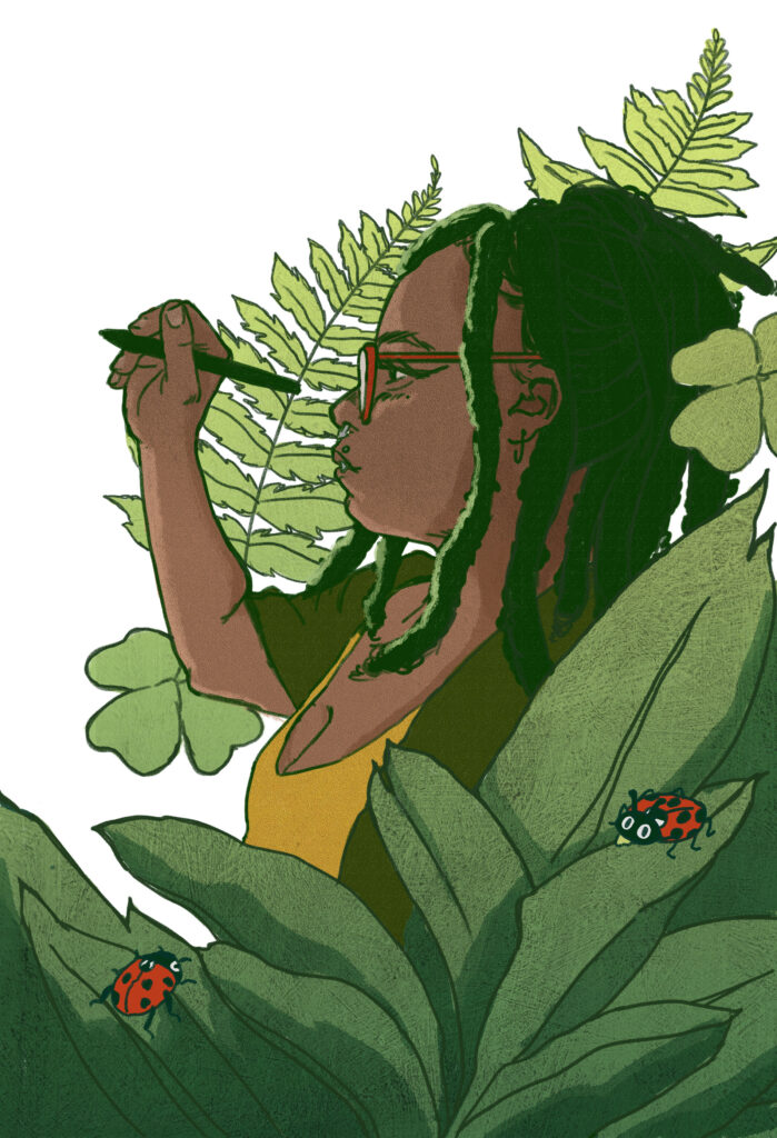Illustration by Nya Eaddy. A Black woman with long locs and red glasses is seen in profile holding up a tablet stylus. Cute ladybugs sit on long green leaves in the foreground.