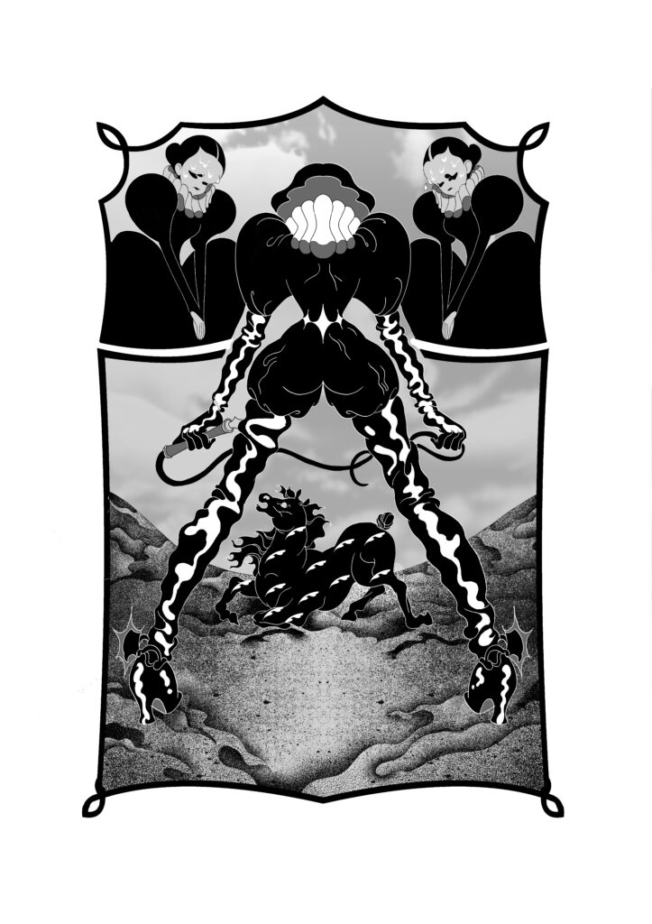 Comic page by Oasis of Hate. Black and white with gray tones. A character wearing leather and heels holds a riding crop, facing away from the viewer. Their body overlaps two panels. PANEL 1 Two identical characters in puffy-shouldered dresses and tidy high buns bow their heads sweatily. PANEL 2 A black horse kneels in sand, their mouth open.