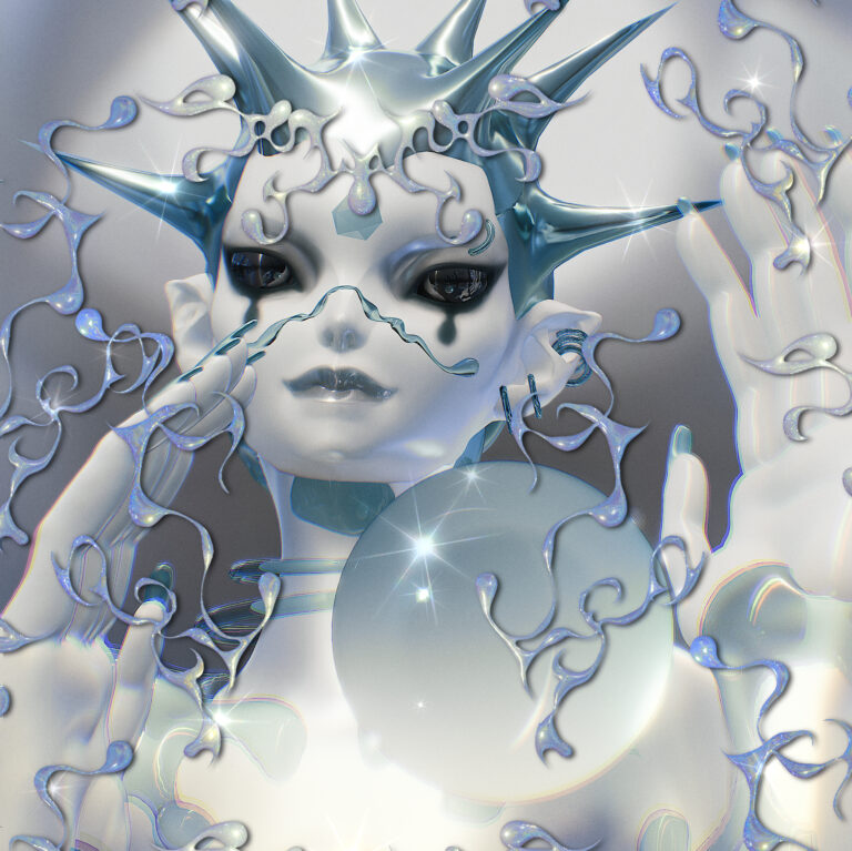 Bio image for Oasis of Hate. An elfin-eared doll-like character with shiny black eyes and luminescent white skin holds their hands up to the viewer. Threads of mercury curl in front of them.