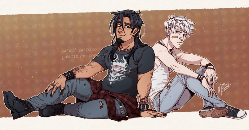 Illustration by Sardiini. A dark-haired character and white-haired character sit side by side on the ground in front of a brown background.