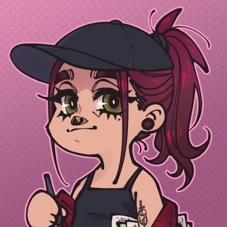 Bio illustration of Sardiini. A character with reddish hair in a ponytail, cap, and tank top gazes at the viewer. There's a stylus in their hand.