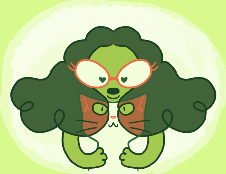 Stylized illustration of Hanni Brosh. A green-skinned character with long, fluffy dark green hair and red glasses holds an orange-and-cream cat, whose lines intersect with Hanni's hair.